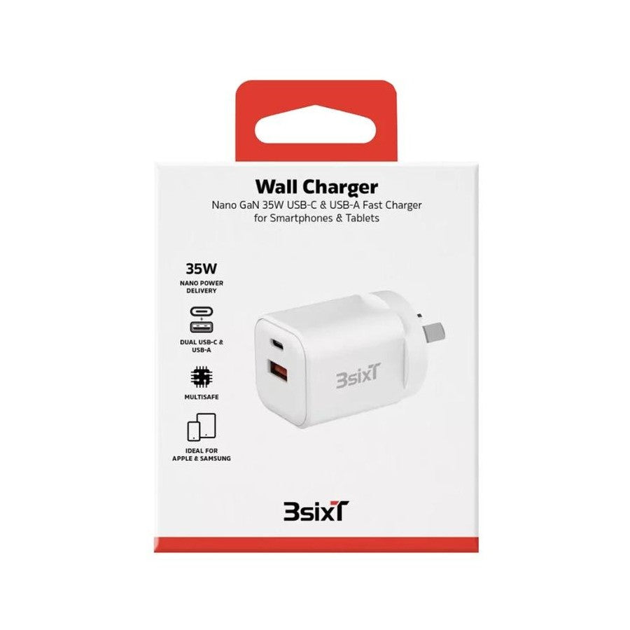 3SIXT Wall Charger GaN 35W USB-C PD + QC27W USB-A, for Smartphones & Tablets