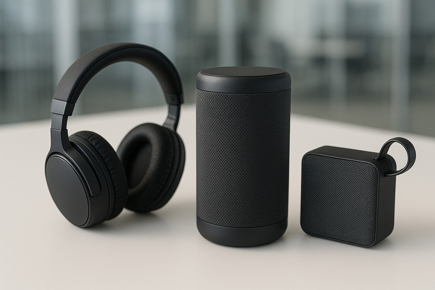 Black headphones, cylindrical speaker, and square speaker on a light surface with blurred background