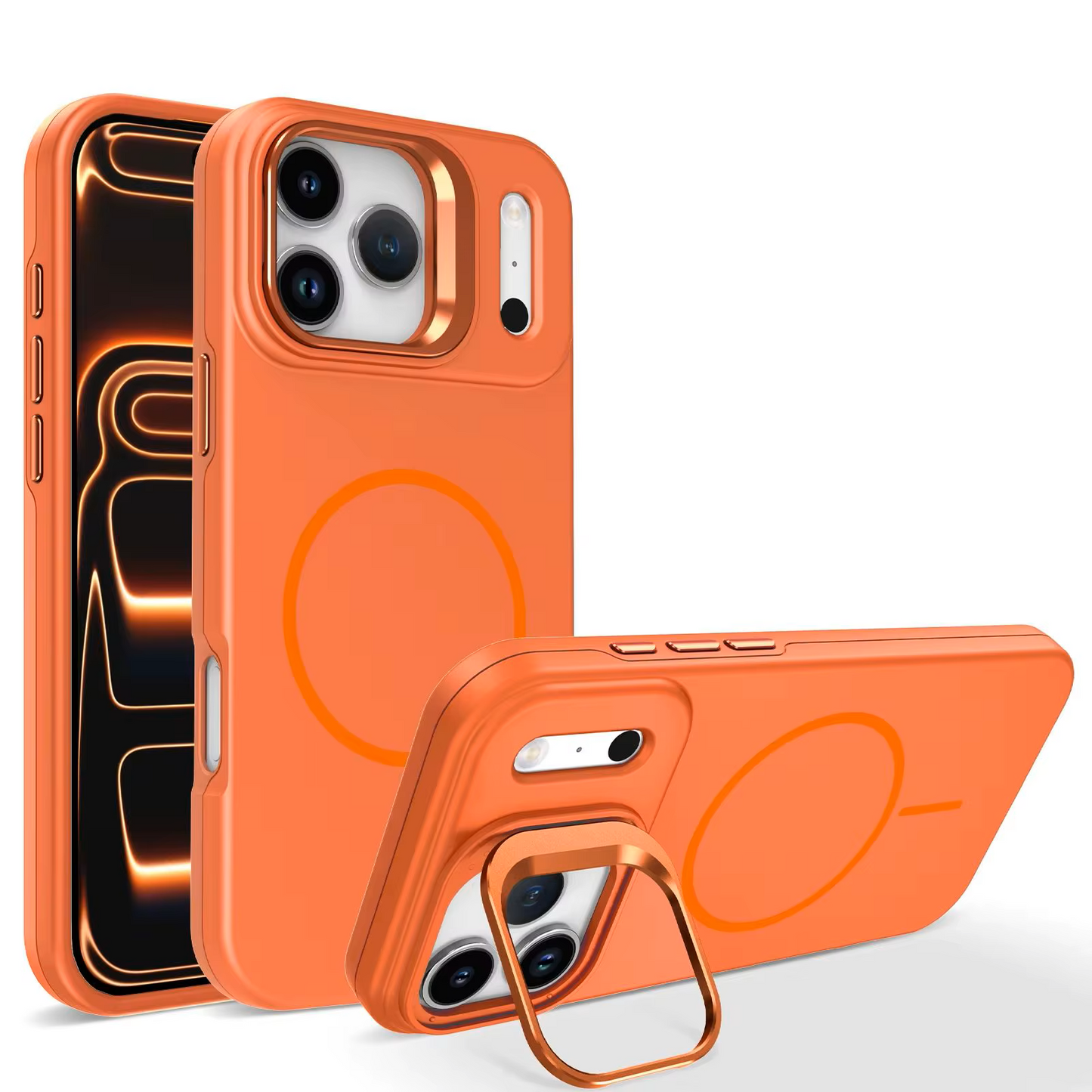 MaxGuard Shockproof Armor with Camera Metal Bracket Holder MagSafe Case for Apple iPhone 17 - Orange