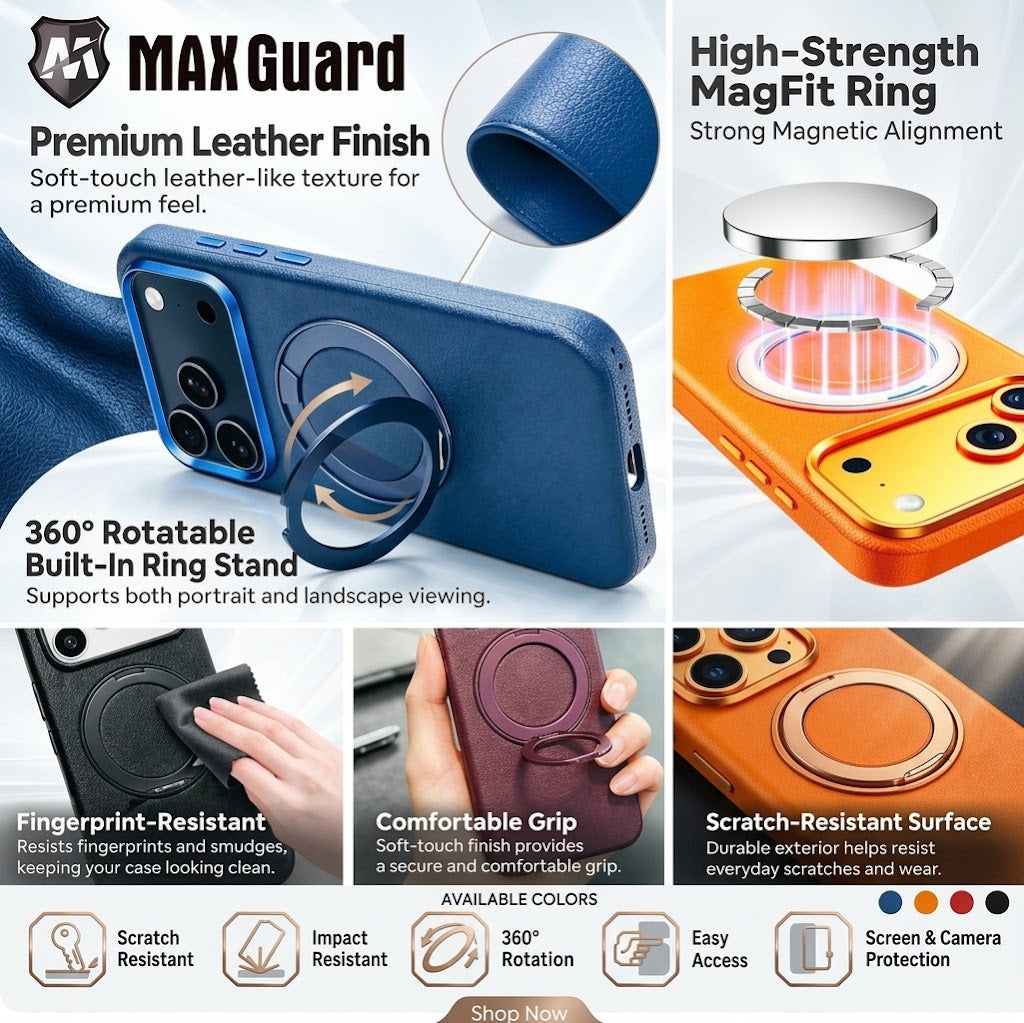 MaxGuard Spin Grip Magpivot Leather Case for Apple iPhone 18 Pro Max / 17 Pro Max - Navy