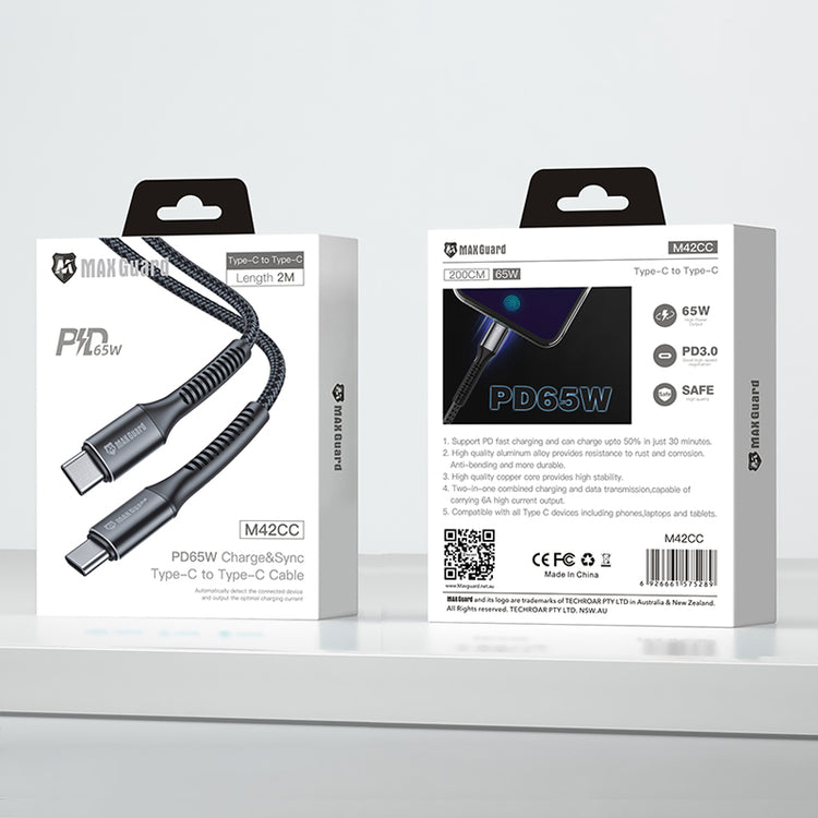 MaxGuard - PD65W Charge & Sync Cable for TYPE C TO C ( 2m ) - BLACK, Model : M42CC
