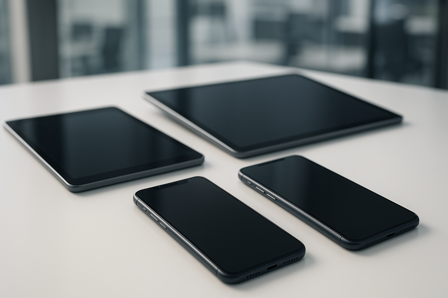 Four black smartphones on a light surface with a blurred background