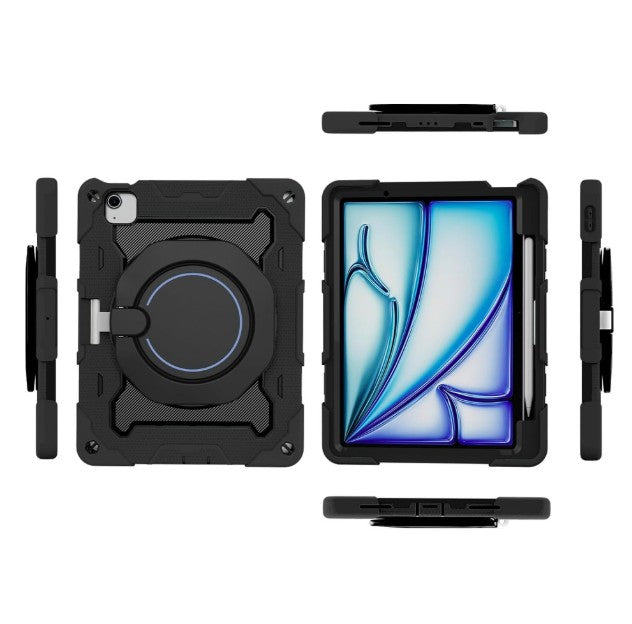 Armor Shockproof Handle Ring Rotation Case Cover for iPad Air 13 (2024) / Air 13 (2025) / Air 13 (2026) - Black