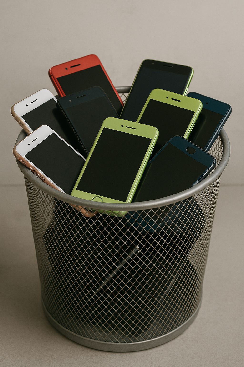 Metal mesh trash bin filled with various smartphones on a neutral background