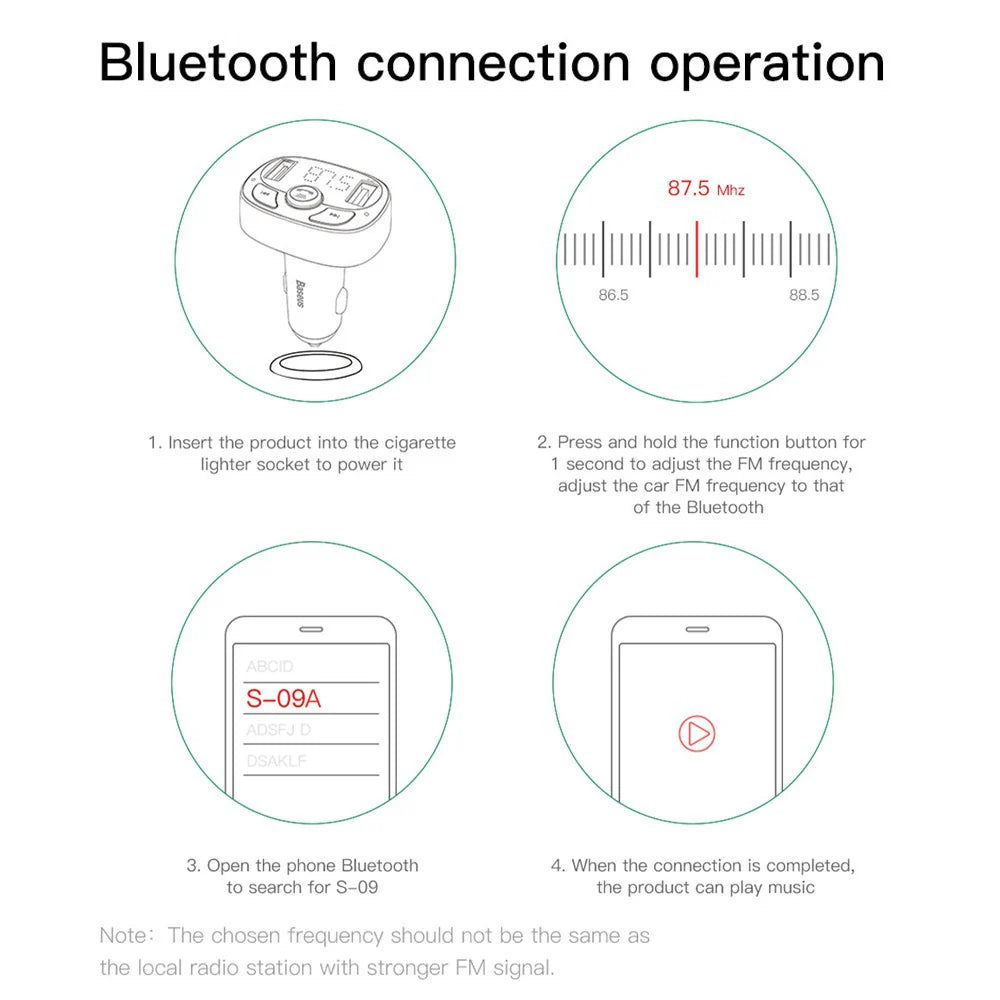 BASEUS T Typed S-09A Bluetooth MP3 Car Charger (Standard edition) - Black