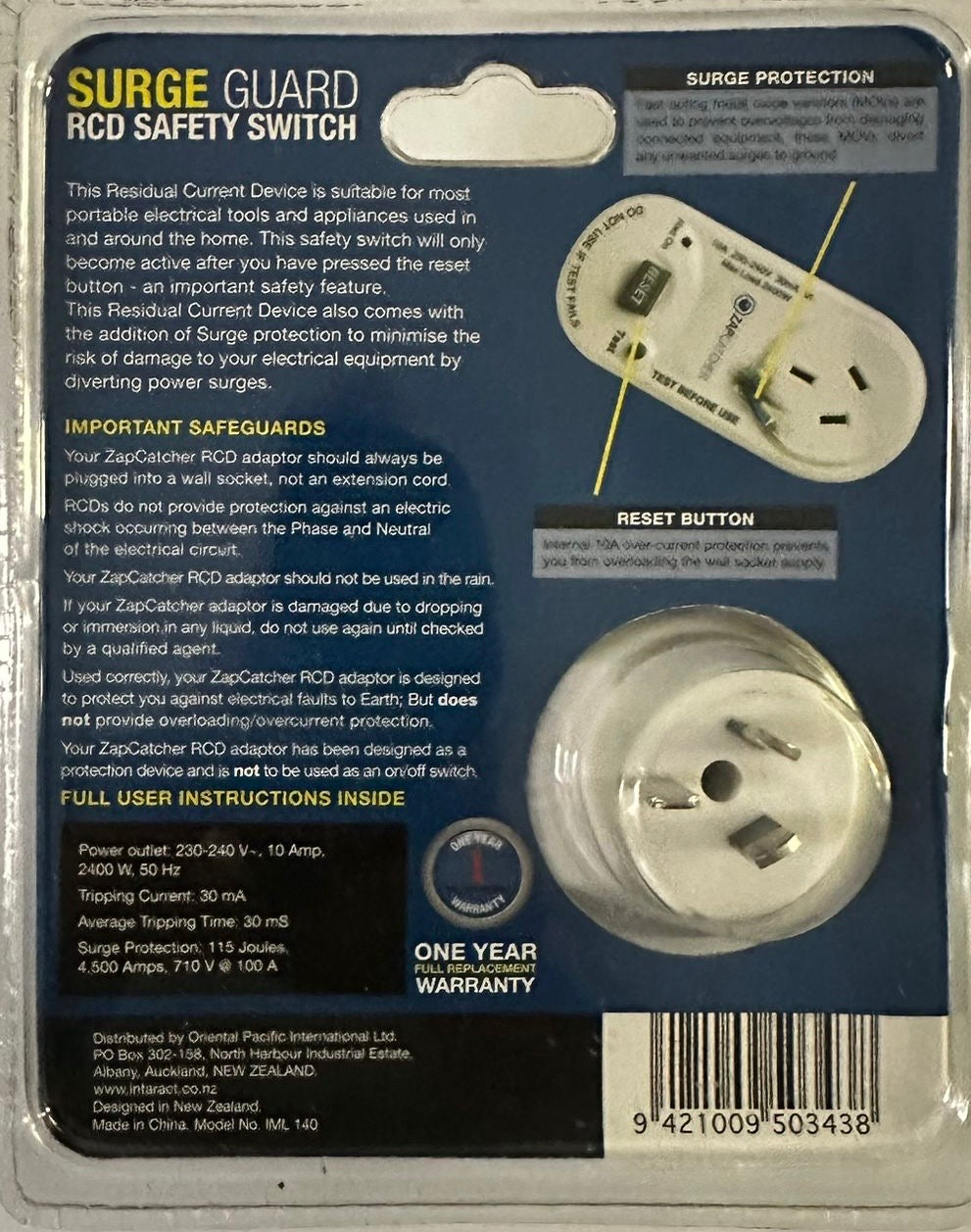 ZAP CATCHER - Surge Guard RCD Safety Switch Adaptor - White