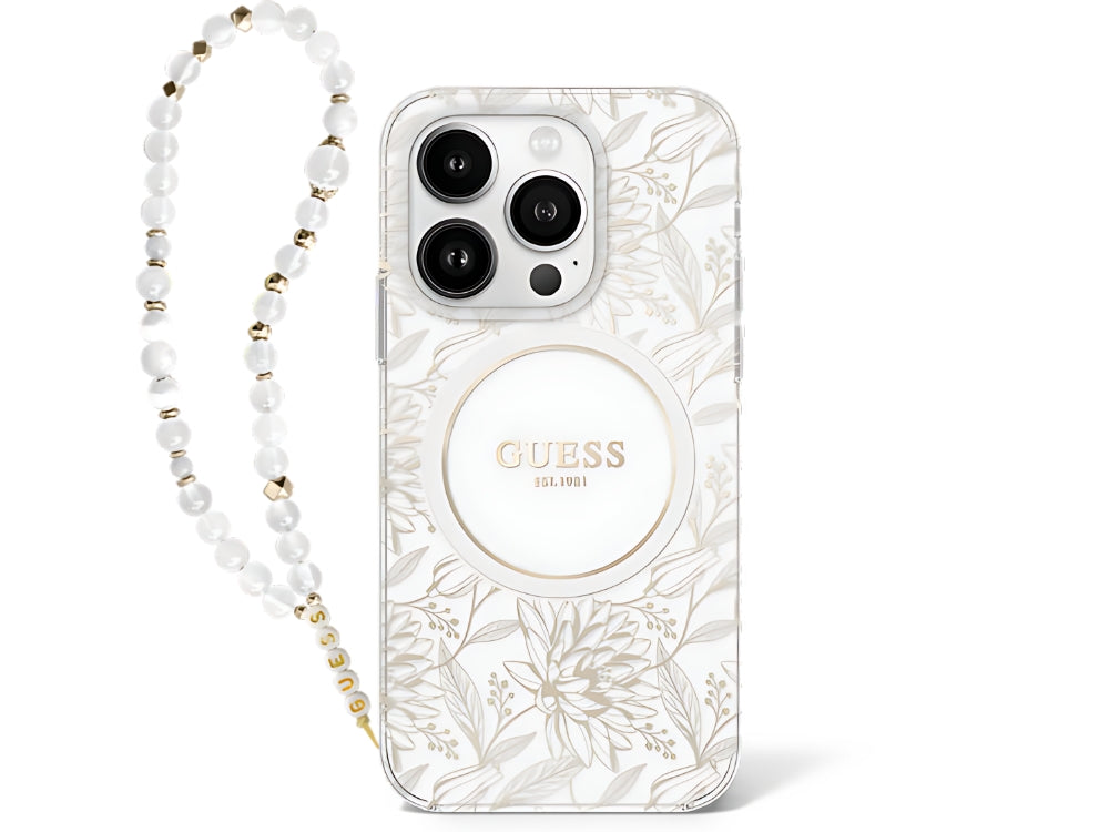 Guess Flowers with Bead Strap (MS) for iPhone 16 Pro 6.3" - White