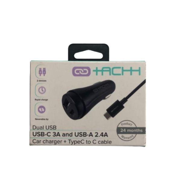 TACHHIT DUAL USB A 2.4A / USB C 3A Car Charger w/ USB C to C cable