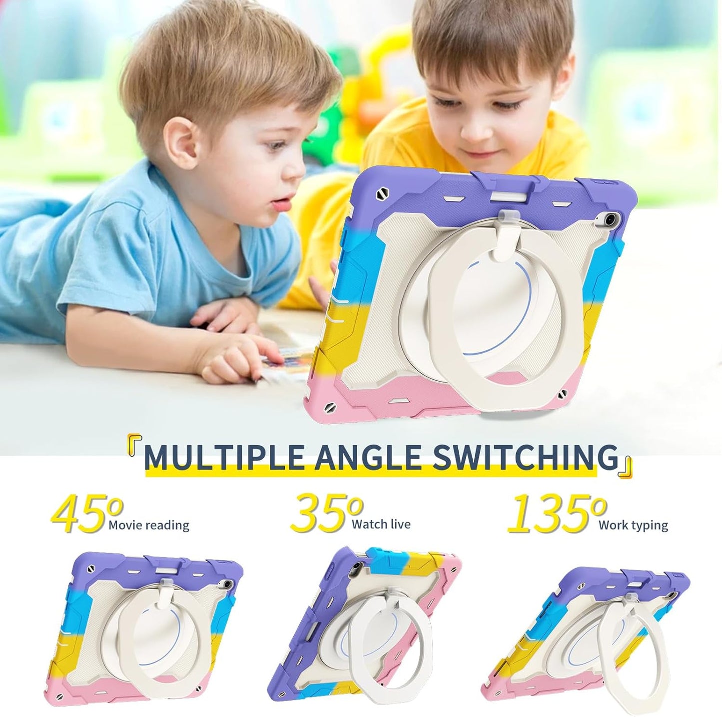 Rugged Protective Case w/folded Handle iPad 10.9'' 10th / A16 11th Gen- Rainbow Pink