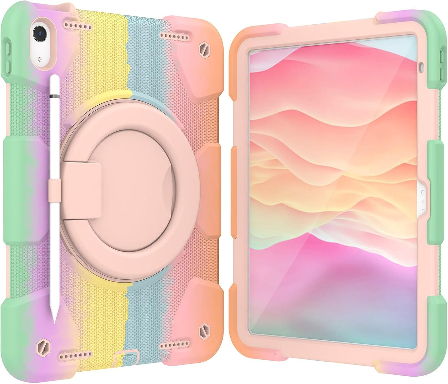 Rugged Protective Case w/folded Handle iPad 10.9'' 10th / A16 11th Gen- Rainbow Pink