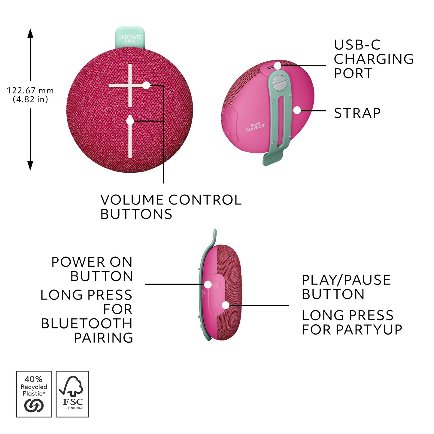 Ultimate Ears MINIROLL Portable Bluetooth Speaker - Pink (AU Stock)