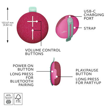 Ultimate Ears MINIROLL Portable Bluetooth Speaker - Pink (AU Stock)