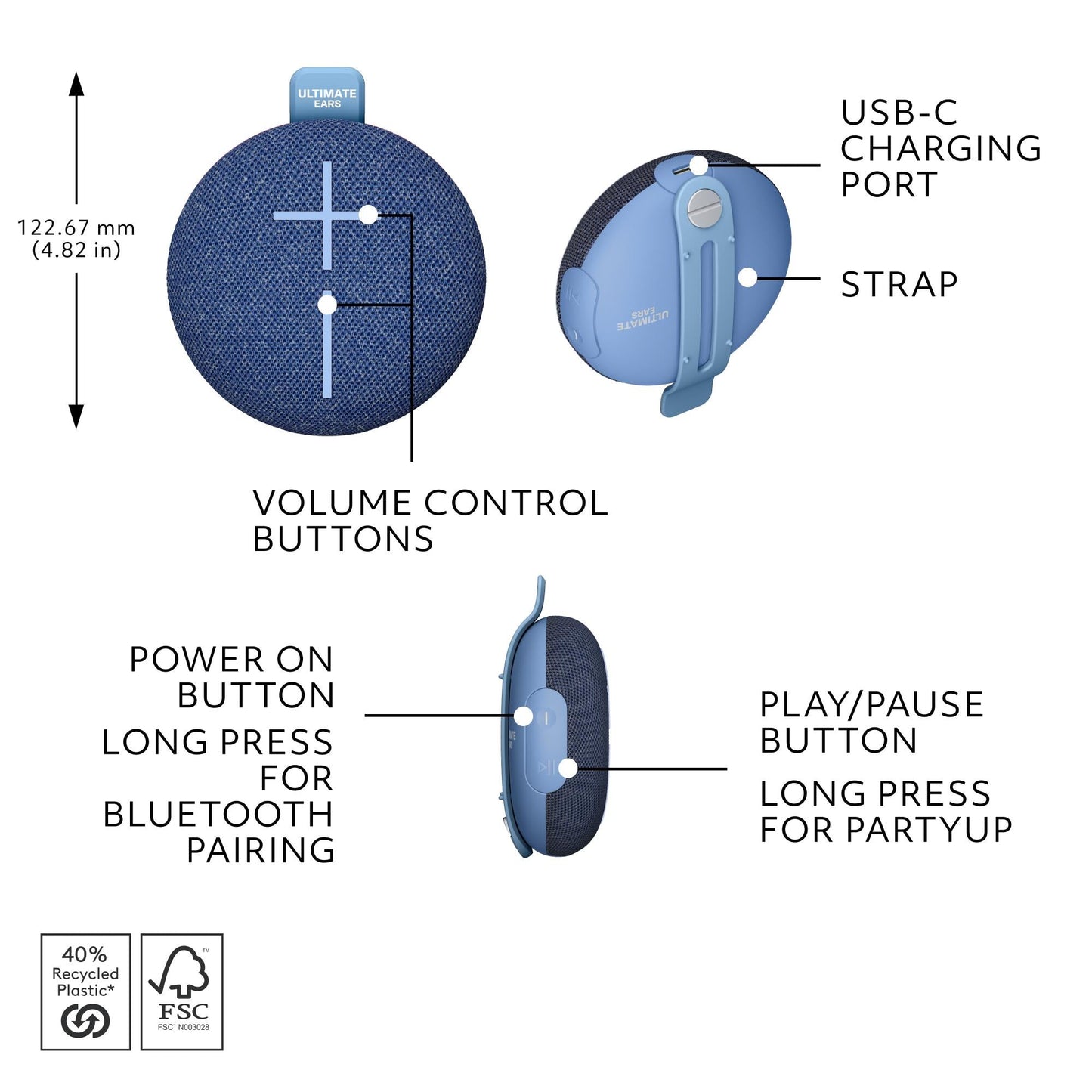 Ultimate Ears MINIROLL Portable Bluetooth Speaker - Blue (Australia stock)