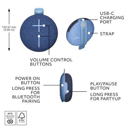 Ultimate Ears MINIROLL Portable Bluetooth Speaker - Blue (Australia stock)