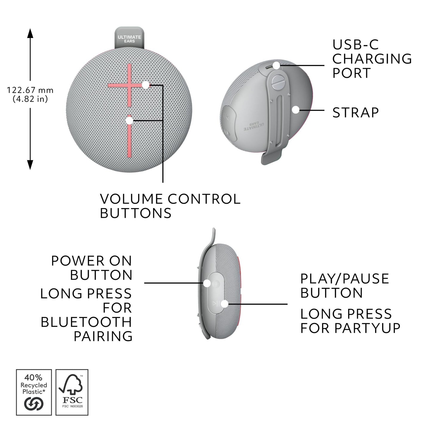 Ultimate Ears MINIROLL Portable Bluetooth Speaker - Grey (Australia stock)