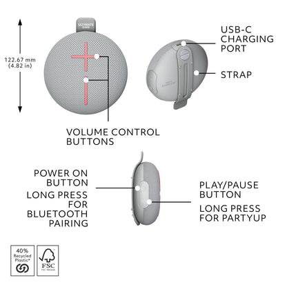 Ultimate Ears MINIROLL Portable Bluetooth Speaker - Grey (Australia stock)