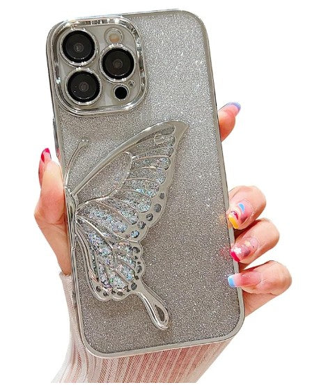 Glitter Butterfly Sandy Case for Apple iPhone 16 Pro Max - Silver