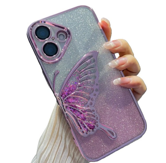 Glitter Butterfly Sandy Case for Apple iPhone 16 - Pink