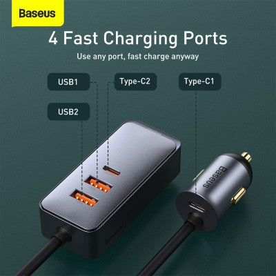 Baseus Share Together PPS Multi-port Fast Charging Car Charger with Extension Cord 120W 2U+2C