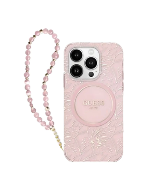Guess Flowers with Bead Strap (MS) for iPhone 16 Pro 6.3" - Pink