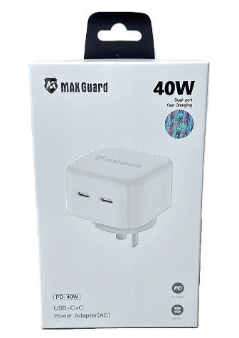 MaxGuard PD40W USB C+C Power Adaptor 40w Fast Charger, Model : PD-40W