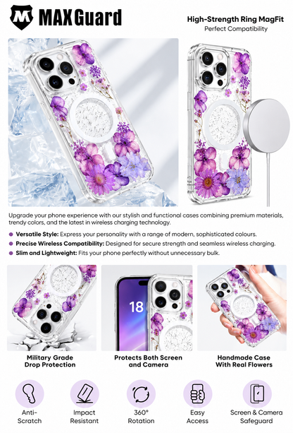 MAXGUARD Kinglink Real Flower Blossom MagFit Hard Case - iPhone 18 Pro Max / 17 Pro Max - Purple