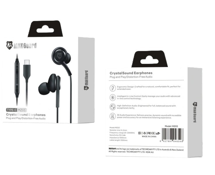 Maxguard Type-C Wired Earphones [MZ03] Distortion-Free Audio (Black)