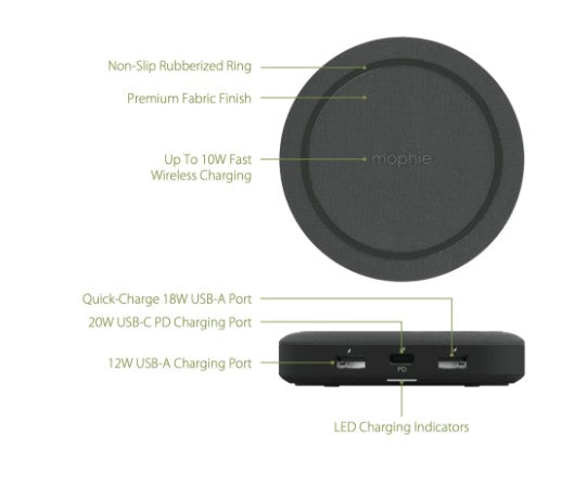 Mophie Universal Wireless Charging Hub, Charge Up to 4 Devices (3 USB Ports + Wireless Charging Surface)