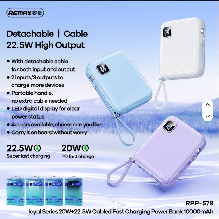 REMAX RPP-579 22.5W Power Bank [10K mAh] [1 Port + Lightning & USB C Cables] - WHITE
