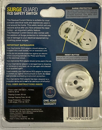 ZAP CATCHER - Surge Guard RCD Safety Switch Adaptor - White