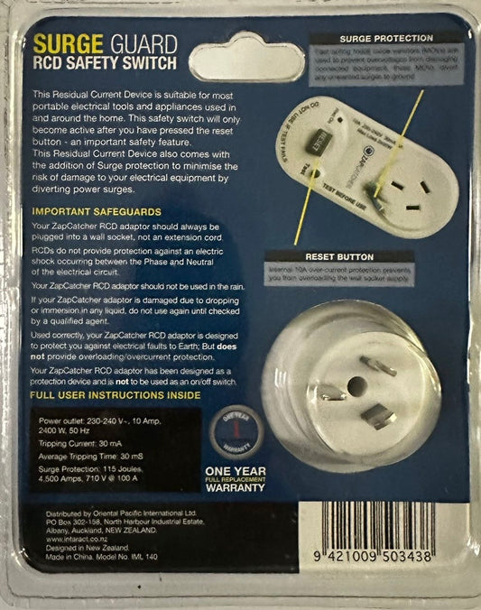 ZAP CATCHER - Surge Guard RCD Safety Switch Adaptor - White